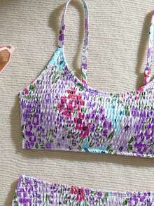SHEIN Teen Girl Floral Print Bikini Set, Holiday Style, Random Print - Purple - View 4