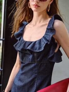 MOTF PREMIUM SPRING/SUMMER WOMEN'S RUFFLE COLLAR WAIST-CINCHING DENIM DRESS - Blue - View 5