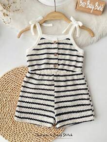 Cozy Pixies Baby Girl Toddler Girl Contrast Color Striped Pattern Knit Soft Suspender Romper Shorts - Black and White - View 7