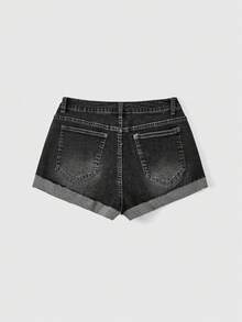 ROMWE Grunge Punk 女款星星刺繡口袋休閒百搭牛仔短褲 - 黑色 - 查看 2