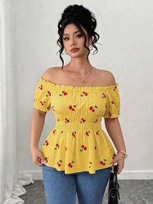 SHEIN LUNE CURVE Plus Size Best-Selling Elegant Elegant Full Cherry Pattern Ruffle Off-Shoulder Short Sleeve Blouse, Simple Cut Waist Gathered Slimming Design, Suitable For Daily Commute, Date, Outing, Vacation Top - Yellow - View 3