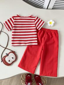 SHEIN Playful Pals 女嬰春夏季兩件套，紅色編織長褲搭配條紋圖案上衣，適合外出與日常休閒穿著 - 紅色 - 查看 2