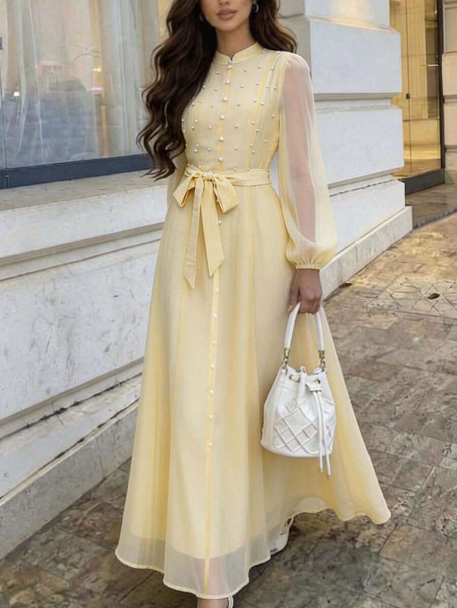 Veilorie 女士优雅纯色仿珍珠装饰立领灯笼袖系带连衣裙