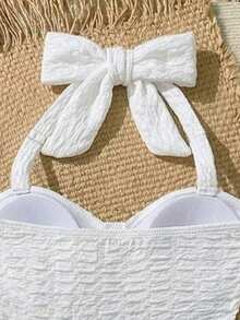 Travachic KIDS Tween Girls' Solid Textured Spaghetti Strap Tie Bow Starfish Open Back One-Piece Swimsuit, Cute For Summer Beach - White - View 4