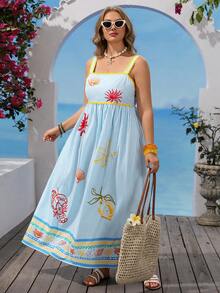 Vivid Eden Vestido Regata Feminino Plus Size com Estampa Listrada Azul & Branca, Patchwork e Acabamento Ondulado para Férias na Praia no Verão - Azul e Branco - Visão 4
