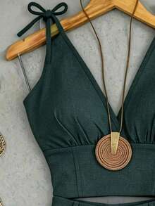 SHEIN Franclia Set Atasan Wanita Berlipit dengan Tali Serut untuk Liburan dan Celana Pendek Berkancing - Dark Green - View 3