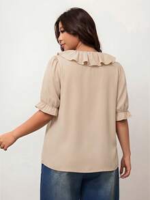 Enliva Áo kiểu nữ size lớn cổ chữ V tay ngắn bèo nhún - Màu Khaki - Xem 2