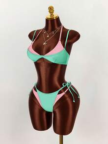 Amplova Women's 2 Pieces Faux Swimsuit Set, Fuchsia And Yellow Color Block, Sexy Avant-Garde Design, Perfect For Beach Vacation Outfits - Green - View 3