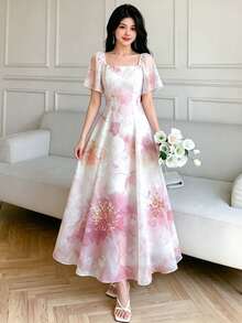 Modelyn 粉白大花植物泡泡夢幻圖案優雅法式女款方領短袖大裙擺洋裝，適合夏季婚禮派對 - 彩色 - 查看 3