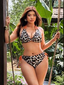 Slaydiva 2026 New Summer Vacation Leopard Print Colorblock Beige Plus Size Women Bikini Set Vacation - Multicolor - View 3
