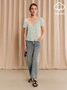lacRébo Light Blue Mid-Rise Relaxed Straight-Leg Jeans Summer Autumn Casual Cotton Pants Everyday Travel Back-To-School Day Time - Light Wash - View 4