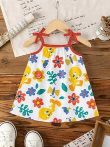 LOONEY TUNES X SHEIN GraphicGems Baby Girl Summer Bow Colorful Floral All-Over Print Spaghetti Strap Dress - Multicolor - View 6