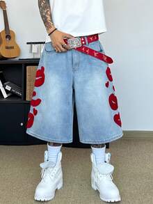 STEELVANCE Streetwear Retro Fashion Versatile Distressed Washed Heart & Lips Embroidery Design Loose Straight Leg Wide Leg Casual Summer Denim Shorts - Light Wash - View 2