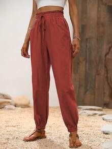 Breezaya Vacation Casual Solid Color Cuffed Long Pants - Red - View 4