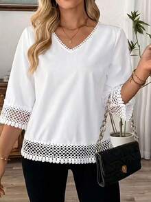 SHEIN Plus Size Simple Casual Versatile Lace Trim Patchwork Women's T-Shirt - White - View 1