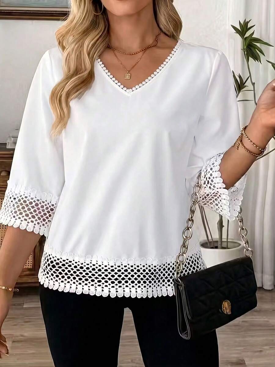 SHEIN Plus Size Simple Casual Versatile Lace Trim Patchwork Women's T-Shirt - White - View 1