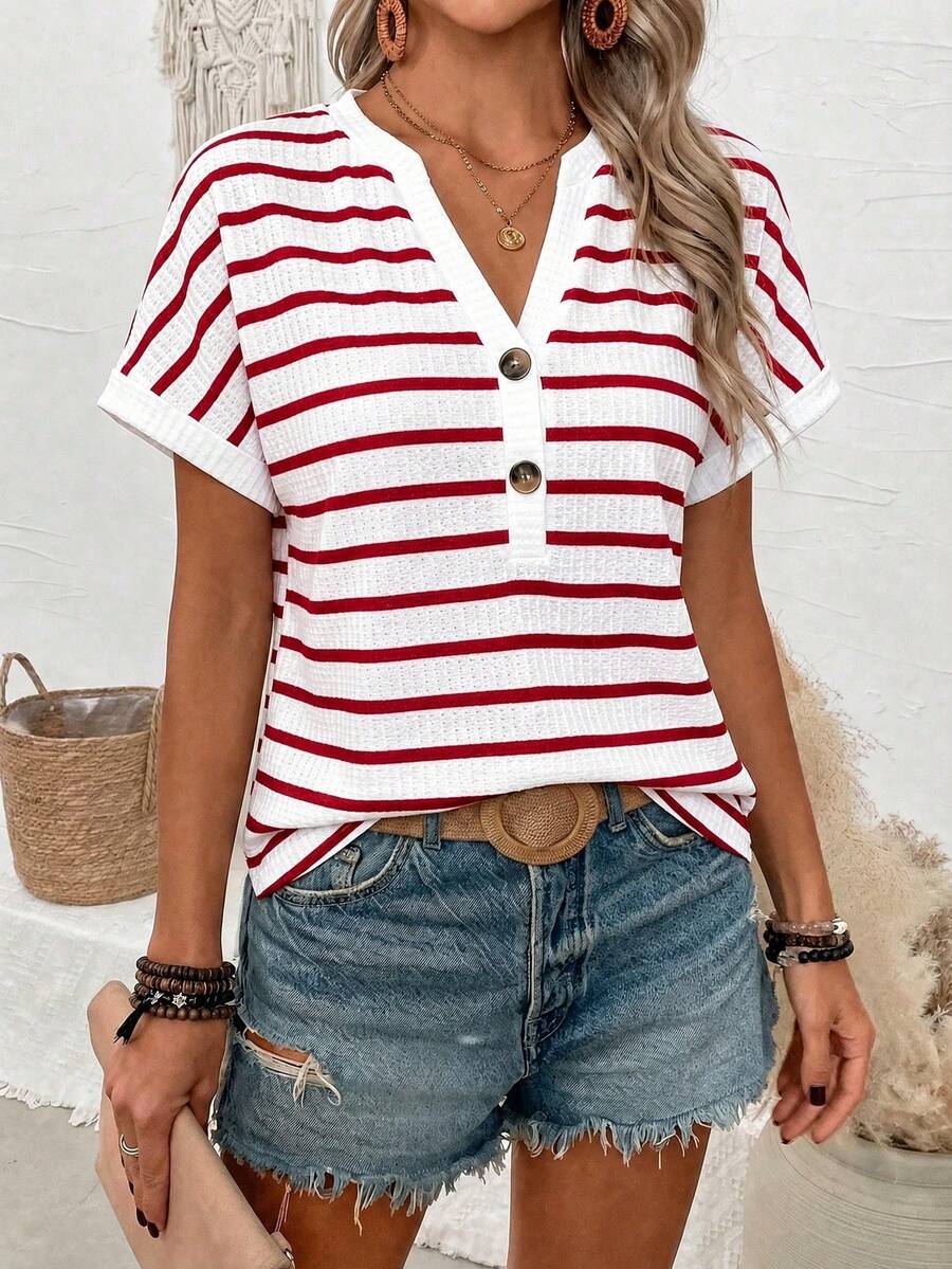 EMERY ROSE Camiseta de manga corta casual versátil para uso diario y viajes con diseño de bloques de color a rayas para mujer - Multicolor - Ver 1