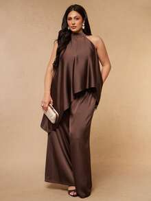 SHEIN BAE CURVE Plus Size Women's Brown  Satin 2-Piece Set,Summer  Top&Wide Leg Pants Suit,Party Wedding Guest Attire,Old Money French Style Outfits,Independence Day - Brown - View 4