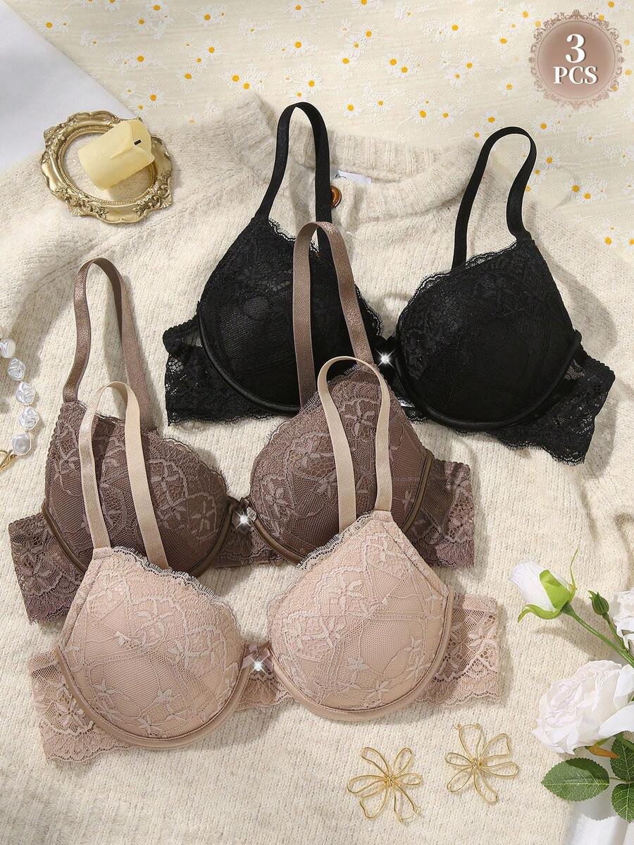 DesireSculpt Set Lingerie Wanita 3 Potong Seksi Berenda Push-Up Romantis Minimalis dengan Kawat Penyangga yang Dapat Diatur - MultiWarna - View 1