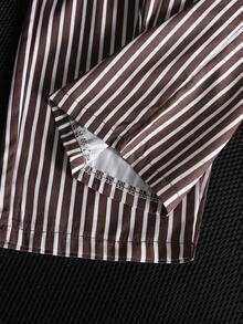 SHEIN 2件組嬰兒女童夏季時尚簡約街頭風白色短袖T恤配黑色胸前刺繡裝飾與杏色條紋長褲套裝，適合日常上學穿著 - 棕色 - 查看 7