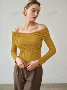 MOTF PREMIUM WOMEN'S ELEGANT OFF-SHOULDER RUCHED T-SHIRT - Yellow - View 6