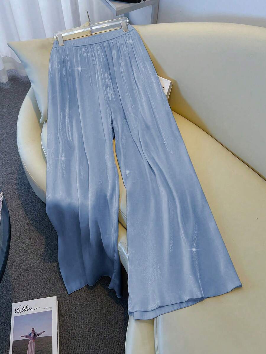 GlowEve CURVE Plus Size Women's Solid Color Casual Elegant Versatile Wide Leg Pants For Daily Wear Vacation Dusty Blue Summer - Dusty Blue - View 1