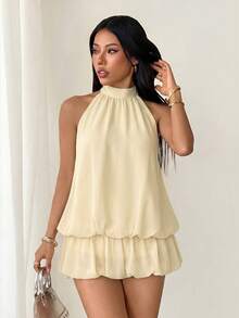 SHEIN PETITE Đầm mùa hè nữ cổ đứng không tay gấu bèo nhún dáng rộng, đầm đen sang trọng thanh lịch, đầm dự tiệc - Màu be - Xem 6