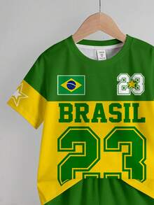 Young Boy Casual Simple T-Shirt Set, Classic Sports Style Graphic Print, Brazil Color Block Graphic Print, Brazil Flag Graphic Print, Classic Number 23 Text Graphic Print, Classic Cool Star Graphic Print, Suitable For Sports, Suitable For Spring And Summer - Multicolor - View 4