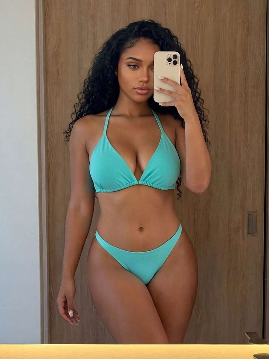 Vaytide Summer Beach Halter Triangle Bikini Top - Mint Blue - View 1