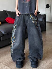 STEELVANCE Streetwear Retro Fashion Versatile Embroidered Design Loose Straight Wide Leg Casual Denim Jeans - Black - View 3