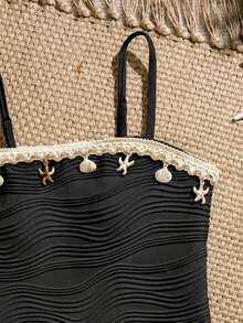 SHEIN 青少年女孩吊帶式紋理面料海星飾邊分體式比基尼套裝，海灘泳池休閒度假，春夏季 - 黑色 - 查看 3
