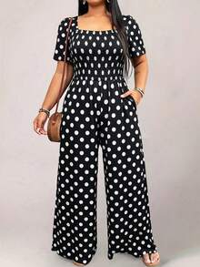 EMERY ROSE Plus Size Women's Polka Dot Print Shirred Pocket Loose Wide Leg Jumpsuit - Black - View 5