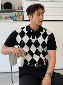 DAZY Nam Họa tiết Argyle Cổ Polo Knit ngọn - Đen và trắng - Xem 1