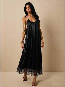 Poéselle Women's Loose Lace Hem Backless Halter Dress,Black Dress ,Lace-Trimmed Long Dress,Holiday Outfits Women,Summer Dress Holiday Vacation Elegant - Black - View 4