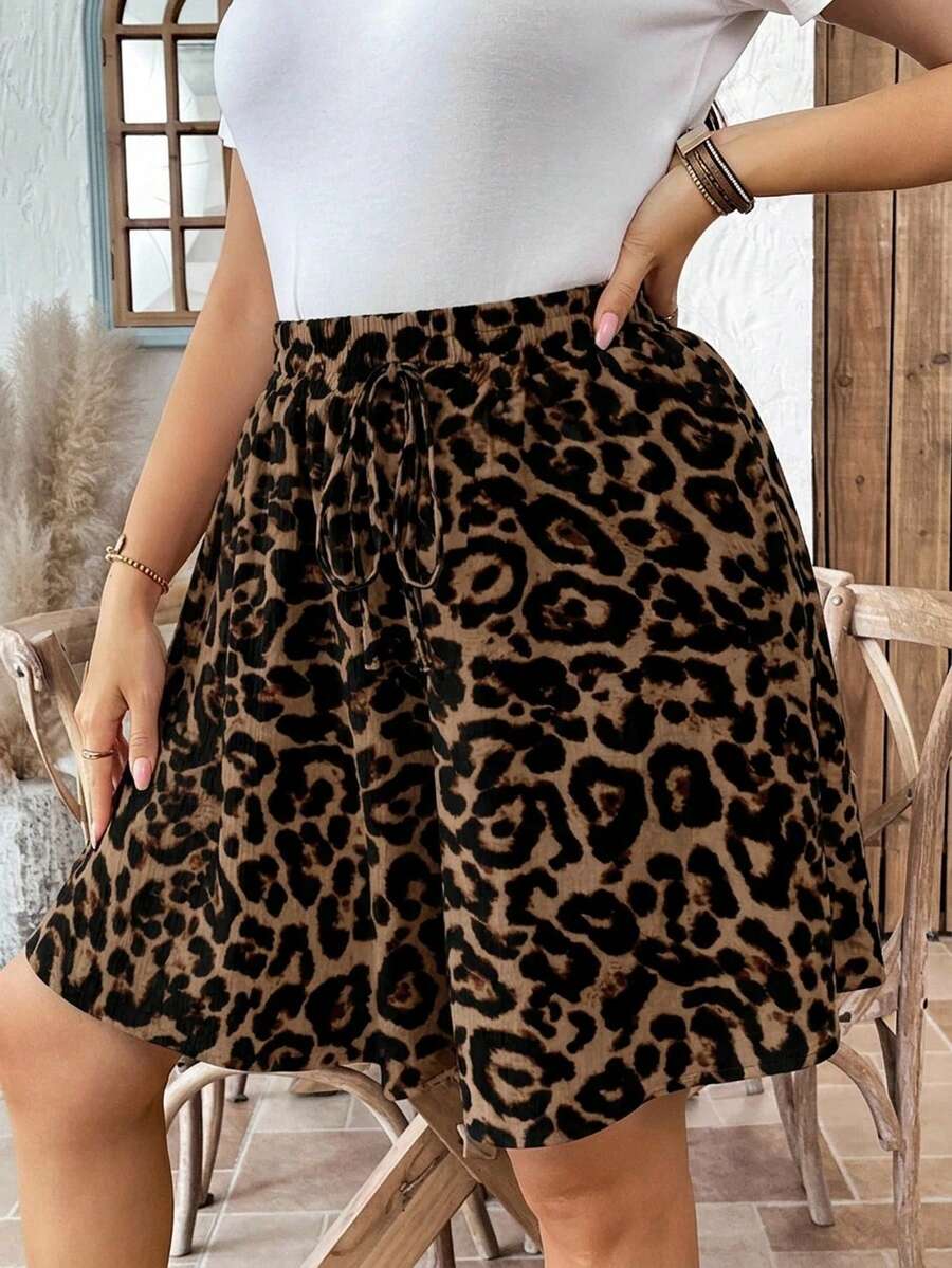 SHEIN LUNE Casual Vacation Retro Leopard Print Plus Size Women's Loose Shorts Suitable For Summer Music Festival - Multicolor - View 1