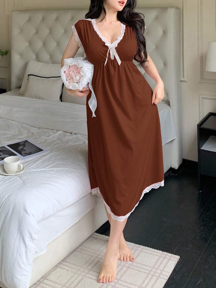 SHEIN 女款深V領蝴蝶結睡袍 - 鏽棕色 - 查看 1