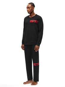 Rest Era Men's Black Pajama Set With Round Neck Long Sleeve Top,RFST Red Letter Printed Pants,Autumn Casual Gym Style Homewear For Daily Wear - Black - View 5