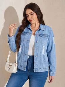 SHEIN LUNE 大尺碼女款長袖破洞單排扣休閒牛仔外套 - 藍色 - 查看 5