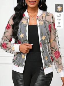 SHEIN Lady 女款透明拉鍊休閒優雅牙買加花卉圖案夾克，白色，適合晚餐約會、旅行度假，秋季穿著 - 彩色 - 查看 6