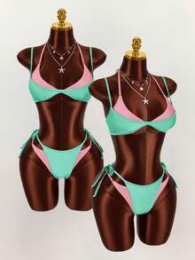 Amplova Women's 2 Pieces Faux Swimsuit Set, Fuchsia And Yellow Color Block, Sexy Avant-Garde Design, Perfect For Beach Vacation Outfits - Green - View 1