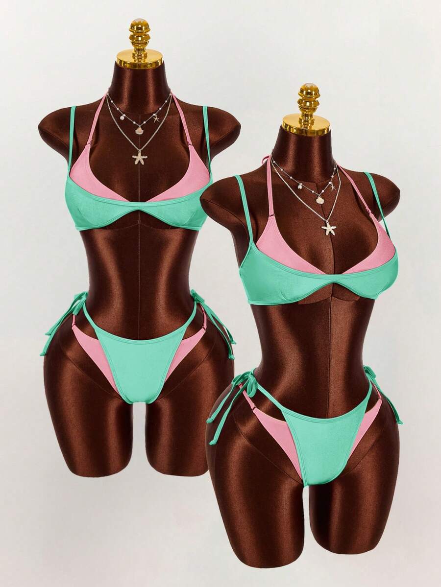 Amplova Women's 2 Pieces Faux Swimsuit Set, Fuchsia And Yellow Color Block, Sexy Avant-Garde Design, Perfect For Beach Vacation Outfits - Green - View 1