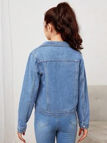 SHEIN Teen Girl Long Sleeve Single-Breasted Casual Versatile Denim Jacket - Light Wash - View 2