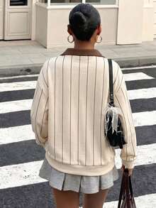青少年女孩秋冬休閒時尚條紋拉鍊運動衫，基礎休閒款，英文馬與盾牌印花，舒適秋季運動衫 - 彩色 - 查看 2