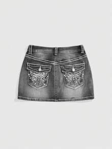 ROMWE J-Fashion Y2K復古低腰蝴蝶刺繡可調節對比縫線女款牛仔裙 - 灰色 - 查看 6