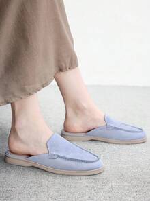 CUCCOO BIZCHIC 时尚蓝色绒面革舒适通勤女式平底穆勒鞋，女式平底鞋拖鞋，适合户外购物和工作，日常舒适平底女鞋 - 藍色 - 查看 8