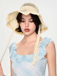 ROMWE Kawaii 1顶女士草帽，蕾丝边草帽，系带防晒渔夫帽，大帽檐露出脸部，小遮阳帽檐，适合夏季海滩度假和海滩活动 - 米色 - 查看 4