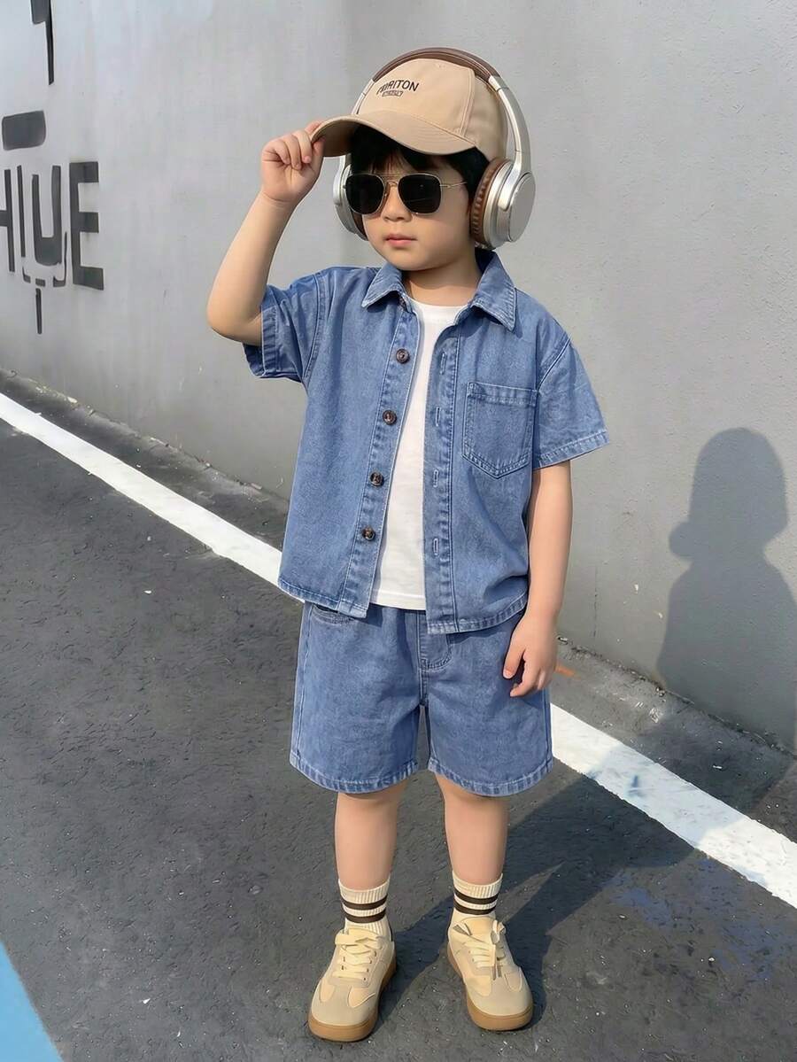SHEIN Young Boy Short Sleeve Top And Shorts Denim Set - Dark Wash - View 1