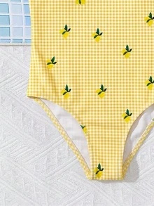Sunshine Lemon Yellow, Mini Lemon Plaid Pattern, Baby Girls Casual Minimalist Spaghetti Strap Fitted One-Piece Swimsuit, Suitable For Summer - Multicolor - View 5