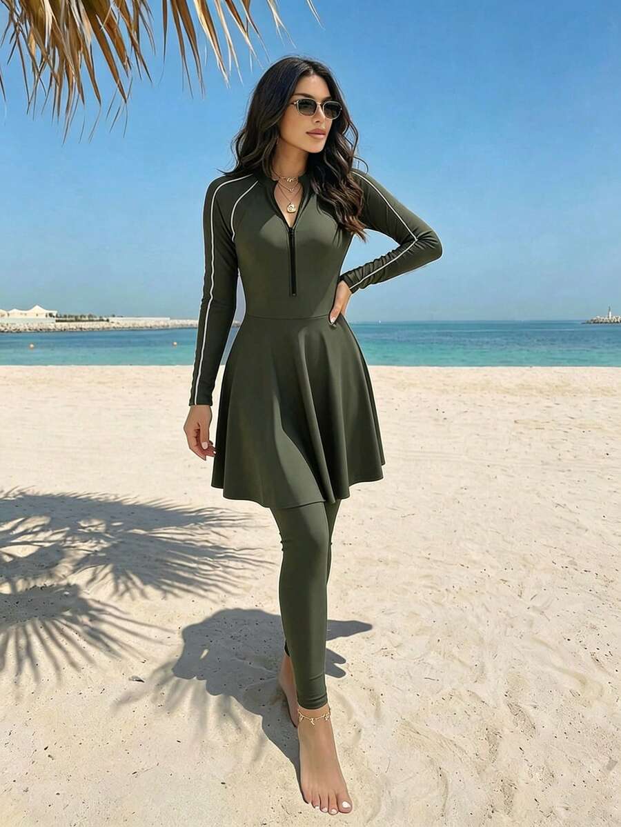 Swim Mulvari Zipper Elegant Modest Women Burkini Swimwear Set, Suitable For Beach Vacation - Army Green - View 1