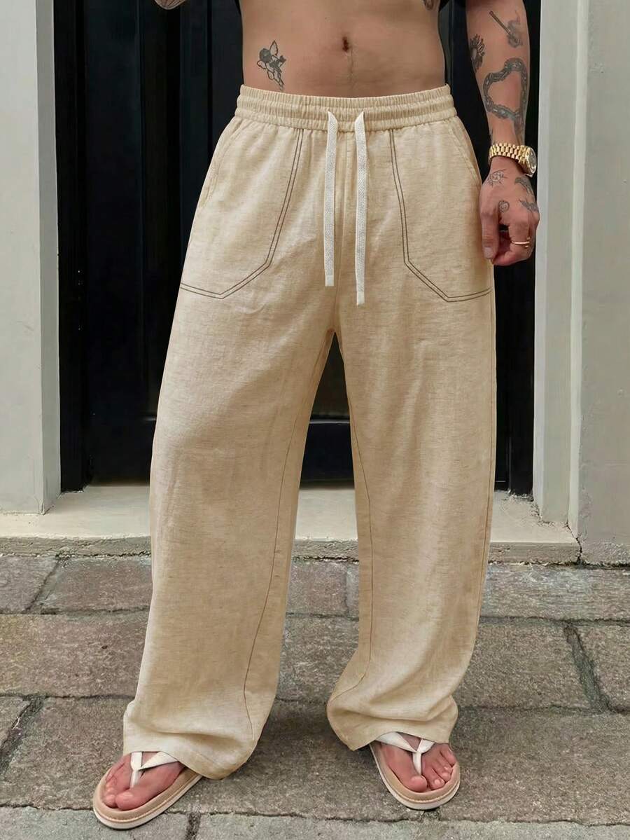 Manfinity Homme Pantalones largos casuales de pierna ancha con cintura de cordón y bolsillos de unicolor para hombres - Caqui - Ver 1